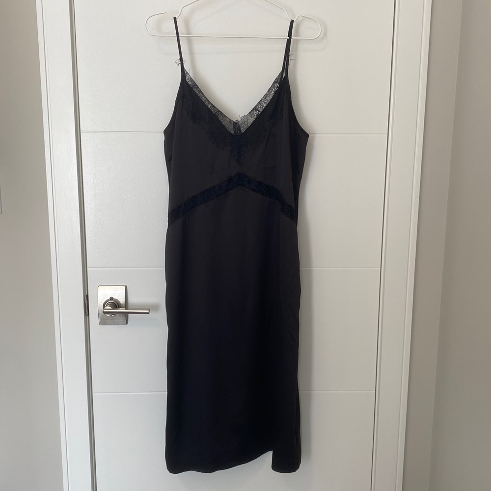 Brunette the Label black satin slip dress with lace